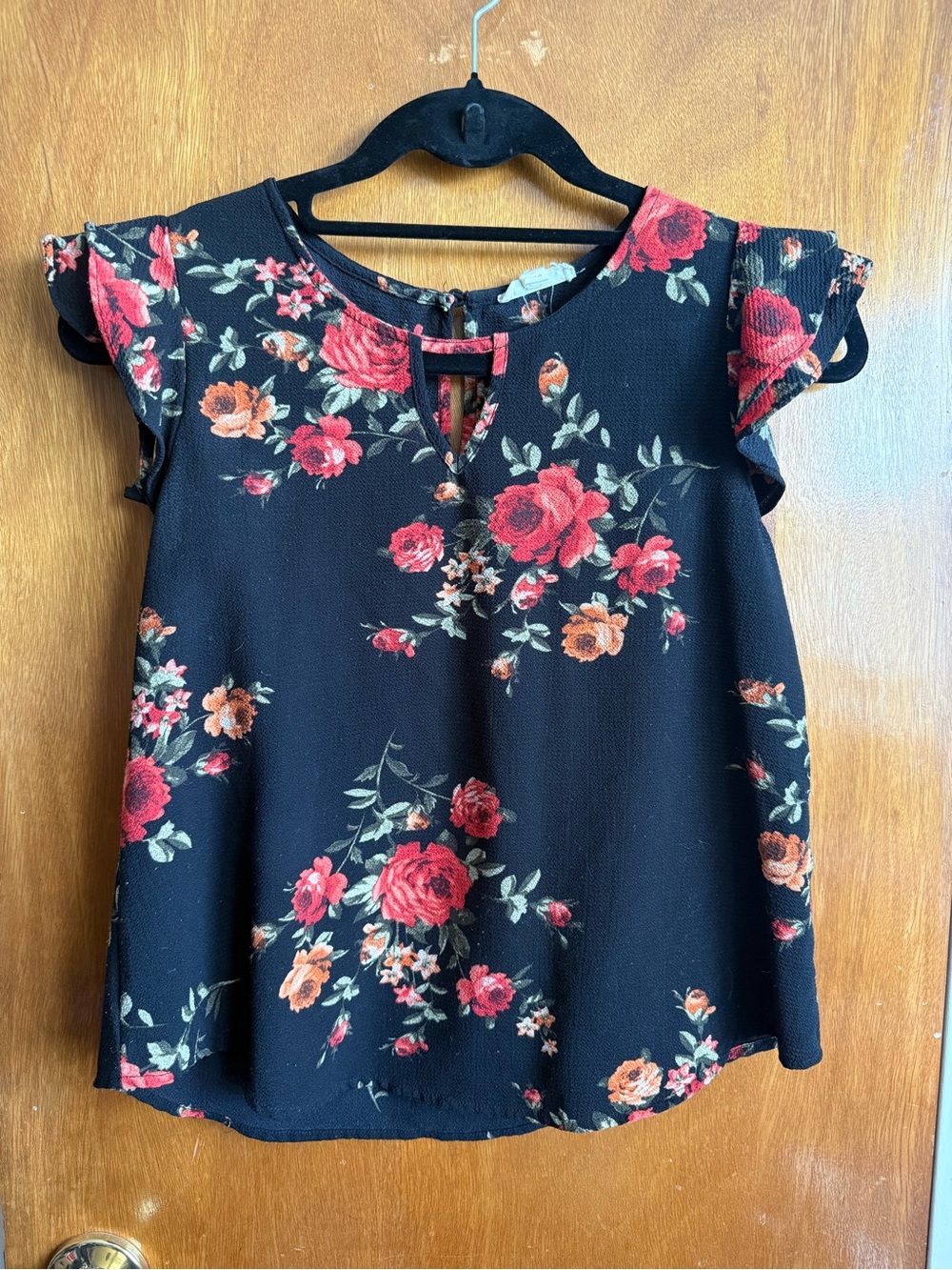 Women's Black Floral Flutter Sleeve Top with Red Rose Print